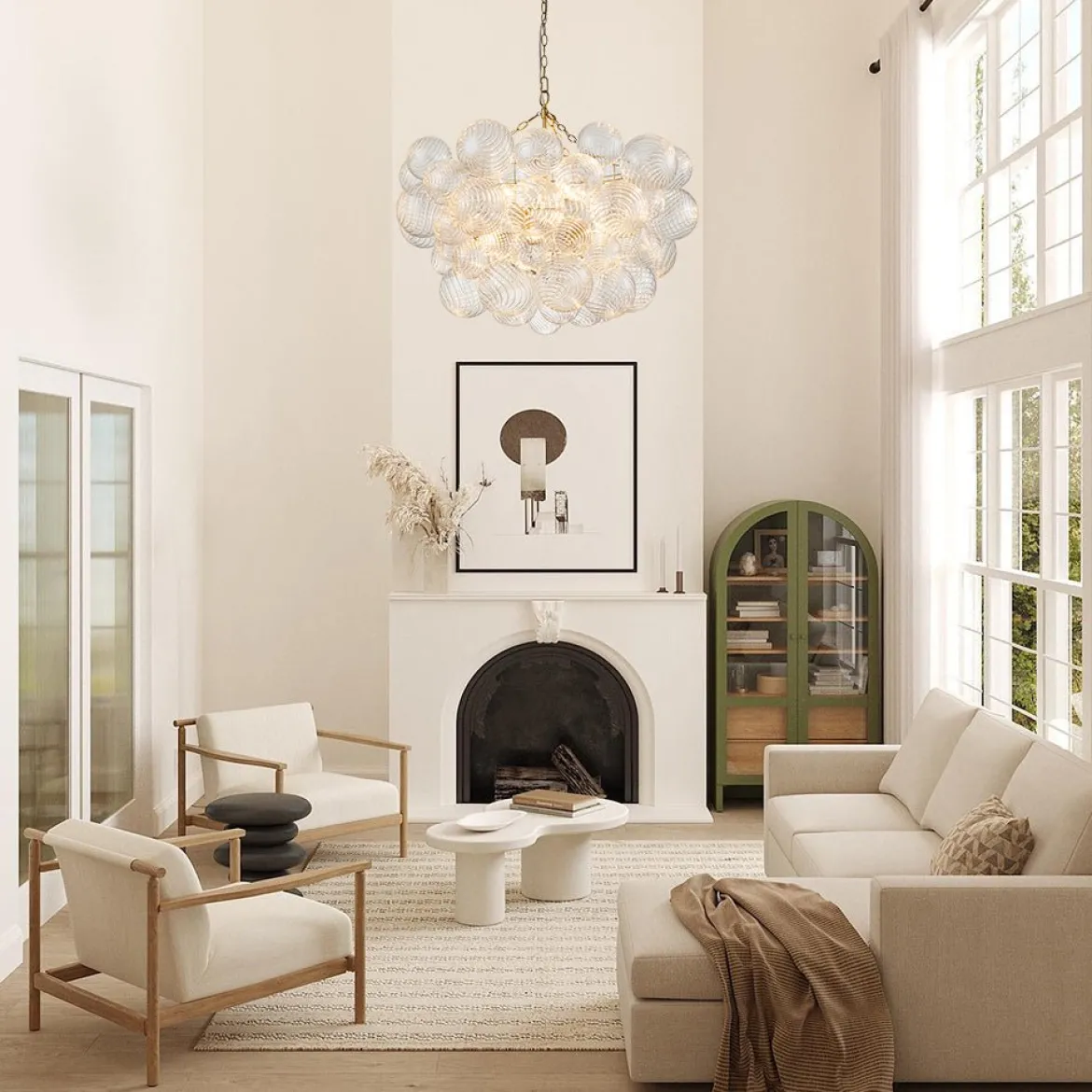 Brass Cluster Ribbed Glass Globe Bubble Chandelier