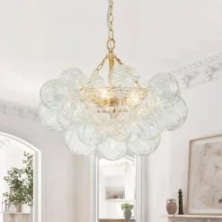 Brass Cluster Sculpture Texture Glass Globe Bubble Chandelier