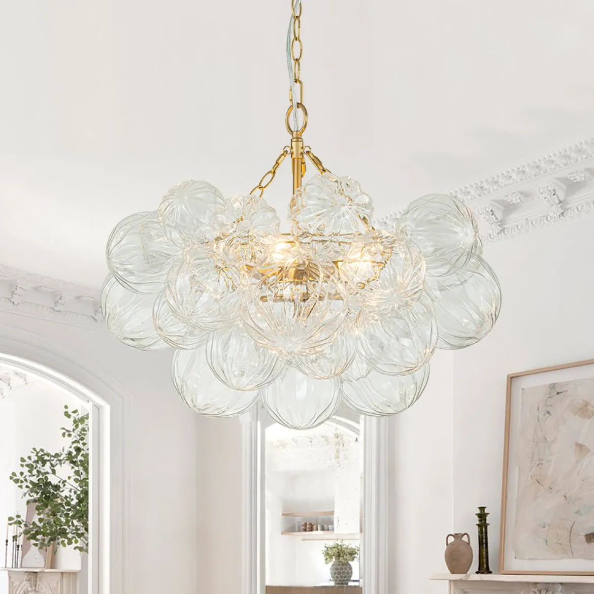 Brass Cluster Sculpture Texture Glass Globe Bubble Chandelier