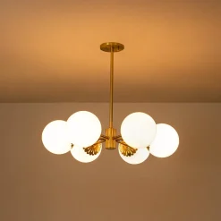 Brass Daisy Tiered Opal Glass Globe Sputnik Chandelier