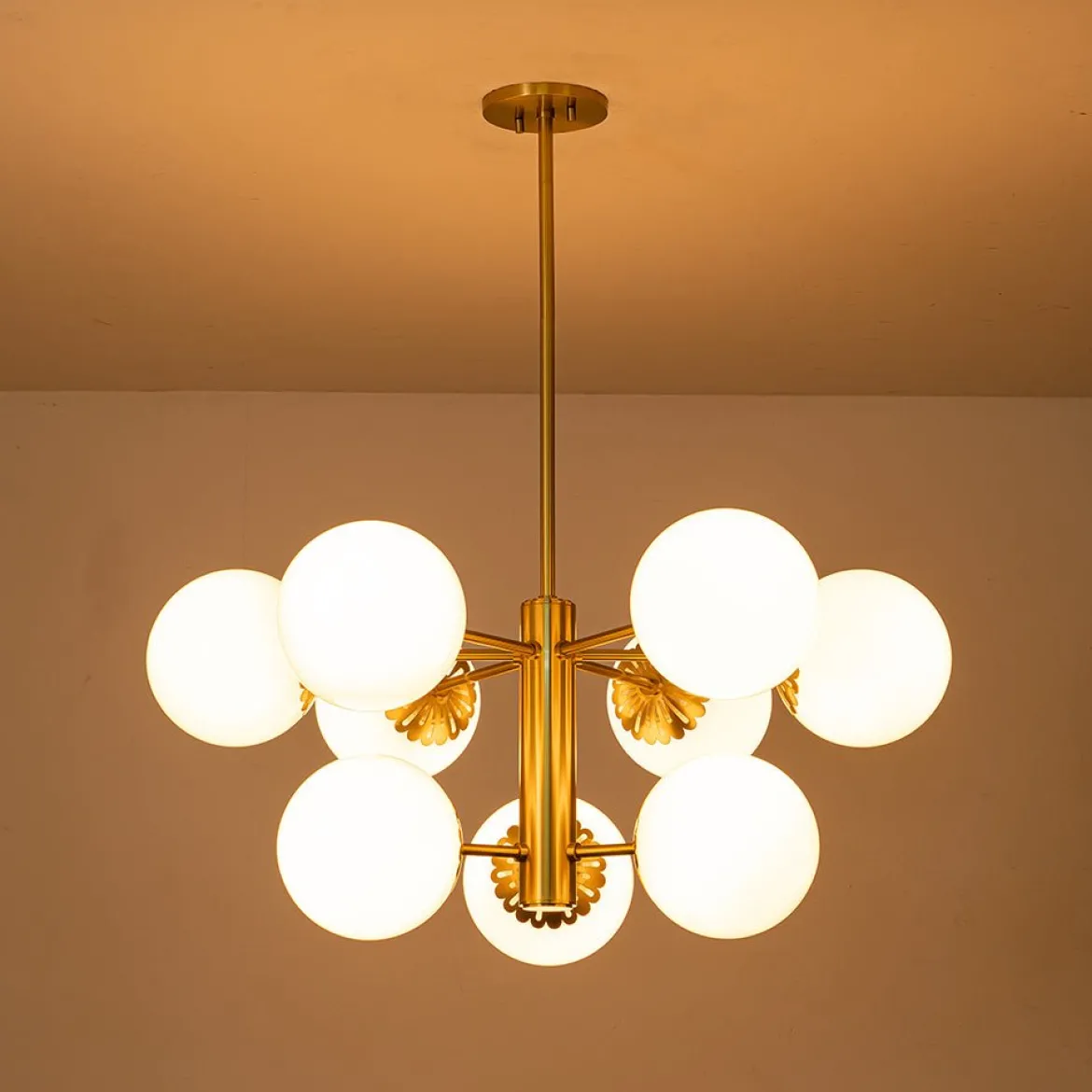 Brass Daisy Tiered Opal Glass Globe Sputnik Chandelier