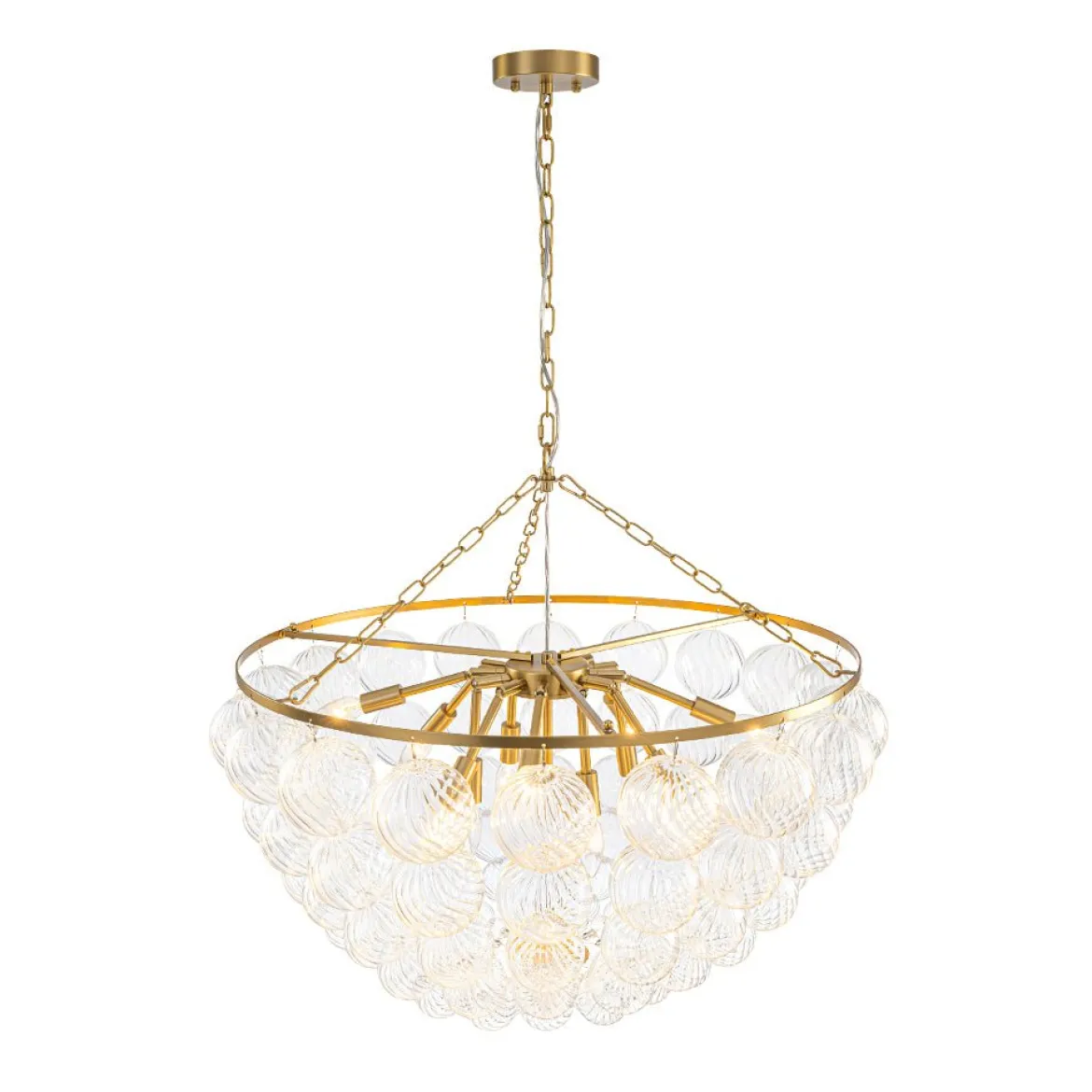 Brass Draped Ribbed Glass Bubble Round Pendant Chandelier