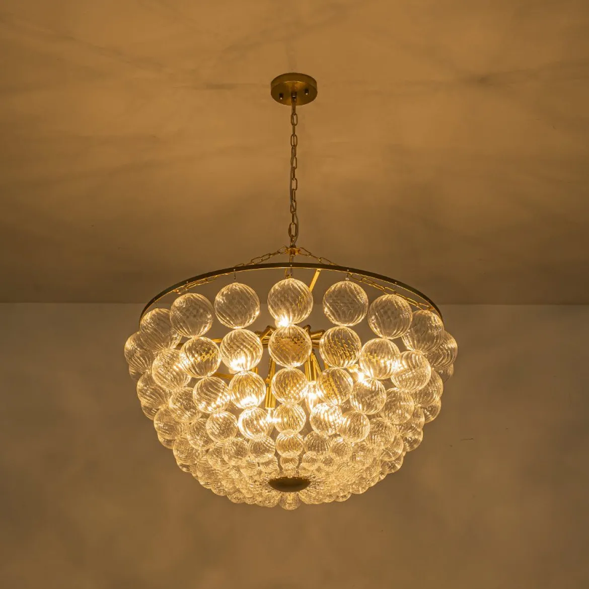 Brass Draped Ribbed Glass Bubble Round Pendant Chandelier