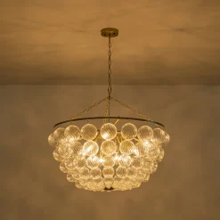 Brass Draped Ribbed Glass Bubble Round Pendant Chandelier
