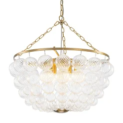 Brass Draped Ribbed Glass Bubble Round Pendant Chandelier