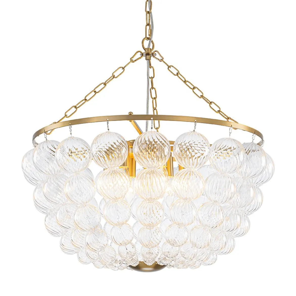 Brass Draped Ribbed Glass Bubble Round Pendant Chandelier