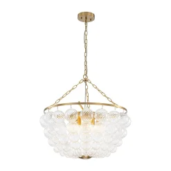 Brass Draped Ribbed Glass Bubble Round Pendant Chandelier