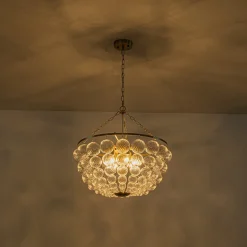 Brass Draped Ribbed Glass Bubble Round Pendant Chandelier