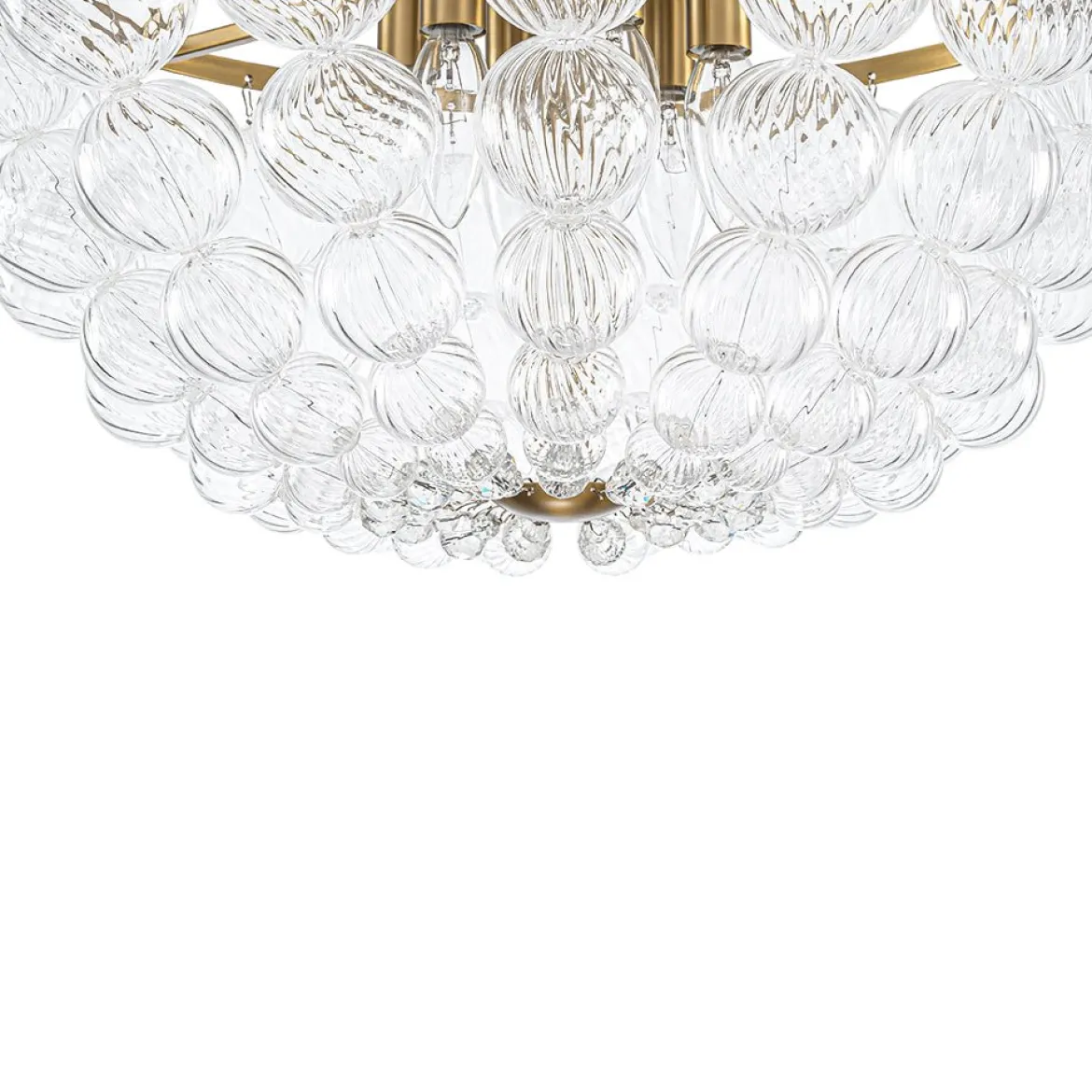 Brass Draped Ribbed Glass Globe Round Semi Flush Chandelier