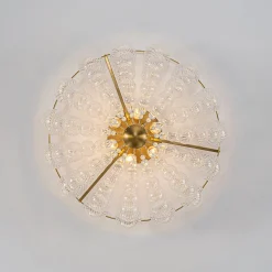 Brass Draped Ribbed Glass Globe Round Semi Flush Chandelier