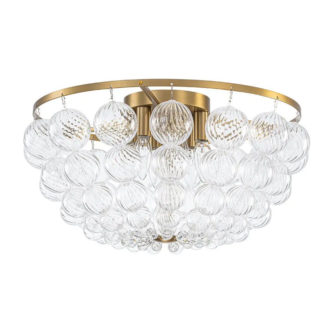 Brass Draped Ribbed Glass Globe Round Semi Flush Chandelier