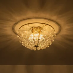 Brass Draped Ribbed Glass Globe Round Semi Flush Chandelier