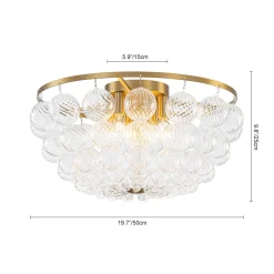 Brass Draped Ribbed Glass Globe Round Semi Flush Chandelier