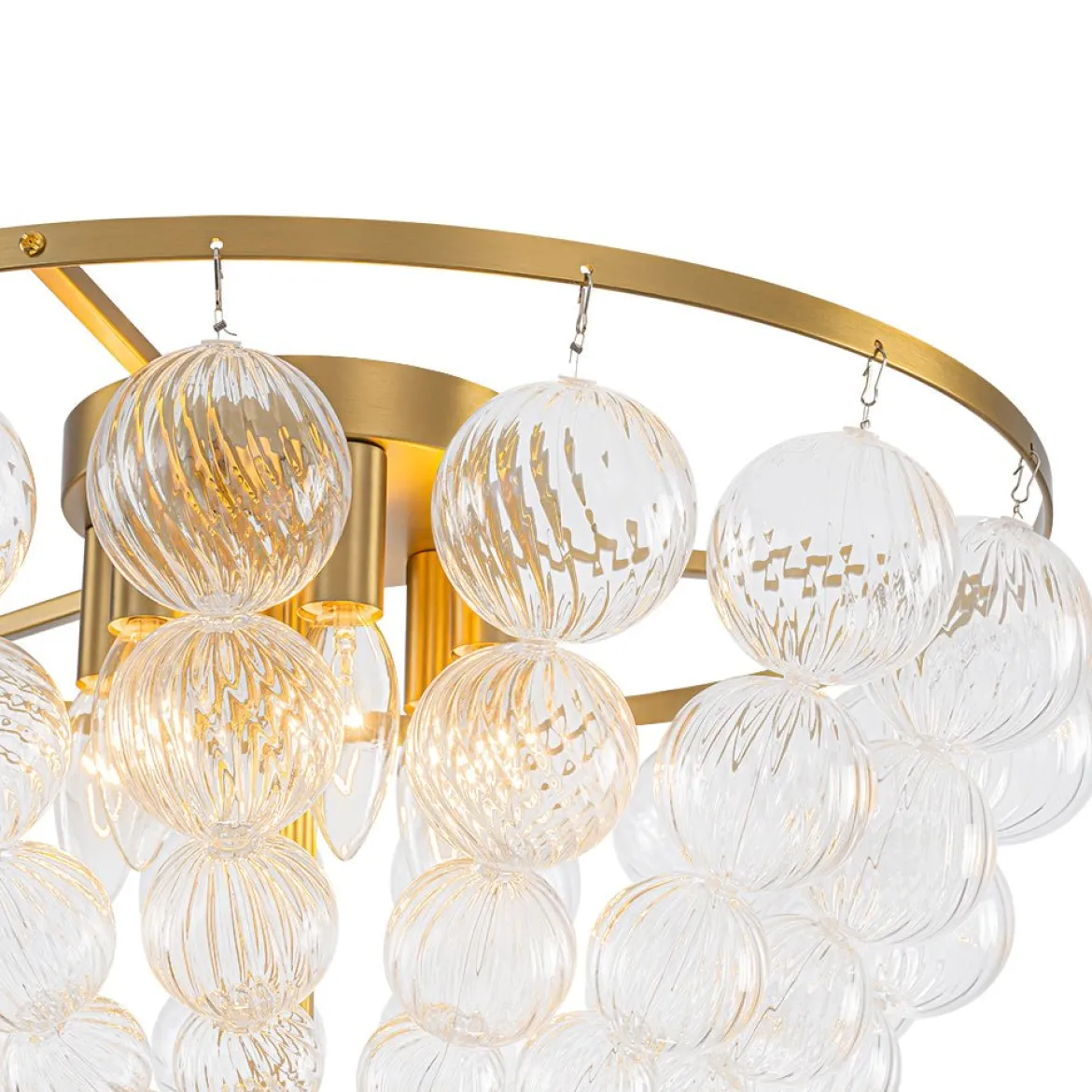 Brass Draped Ribbed Glass Globe Round Semi Flush Chandelier