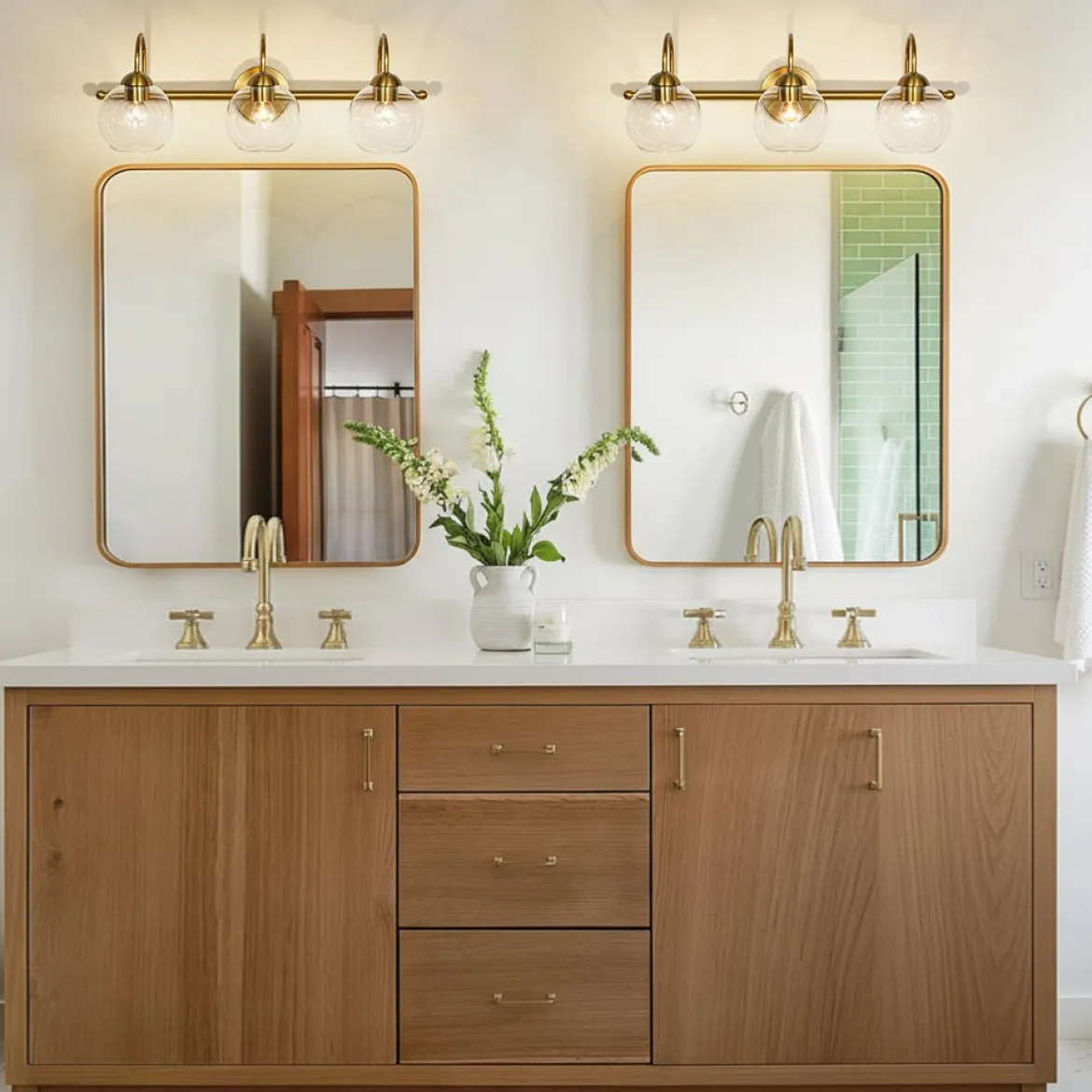 Brass Goose Arm Glass Globe 3-Light Vanity Wall Sconce