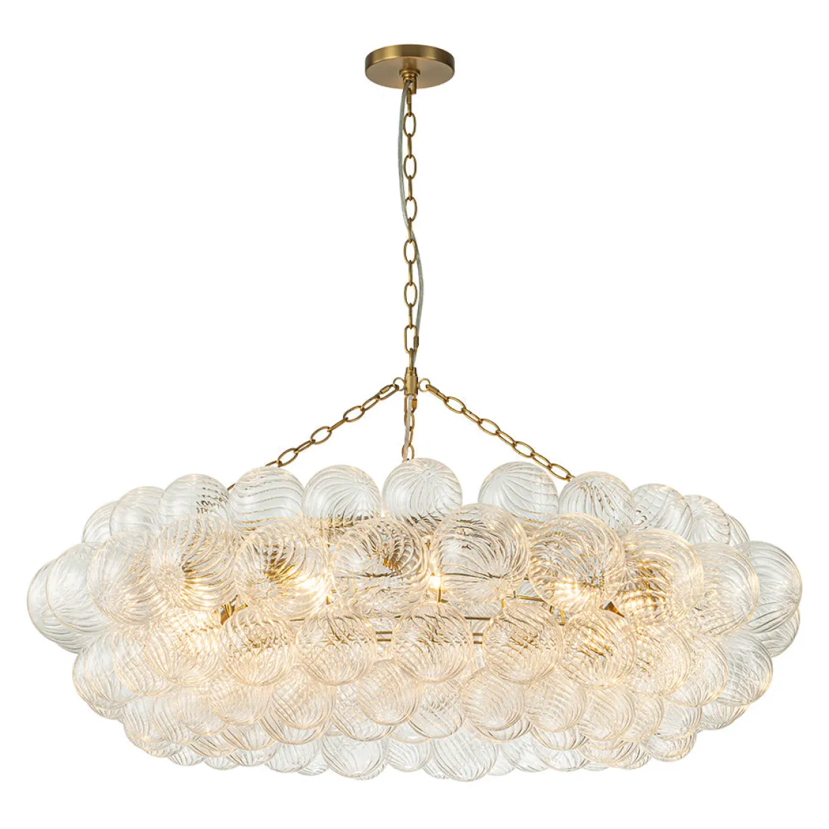 Brass Halo Ribbed Glass Globe Bubble Ring Chandelier