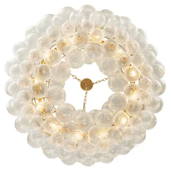 Brass Halo Ribbed Glass Globe Bubble Ring Chandelier