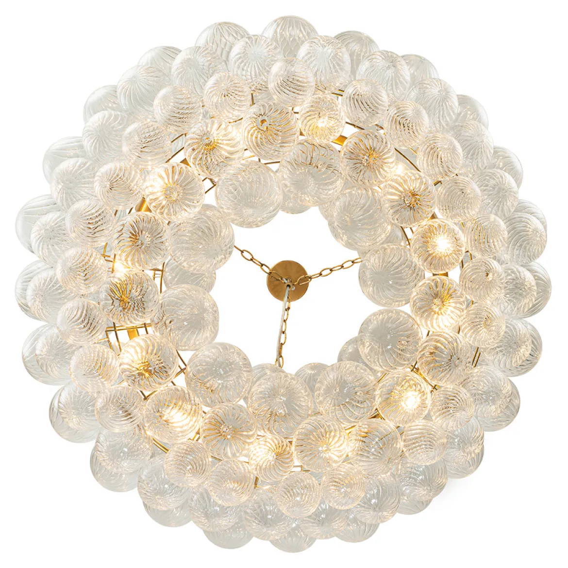 Brass Halo Ribbed Glass Globe Bubble Ring Chandelier