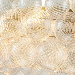 Brass Halo Ribbed Glass Globe Bubble Ring Chandelier