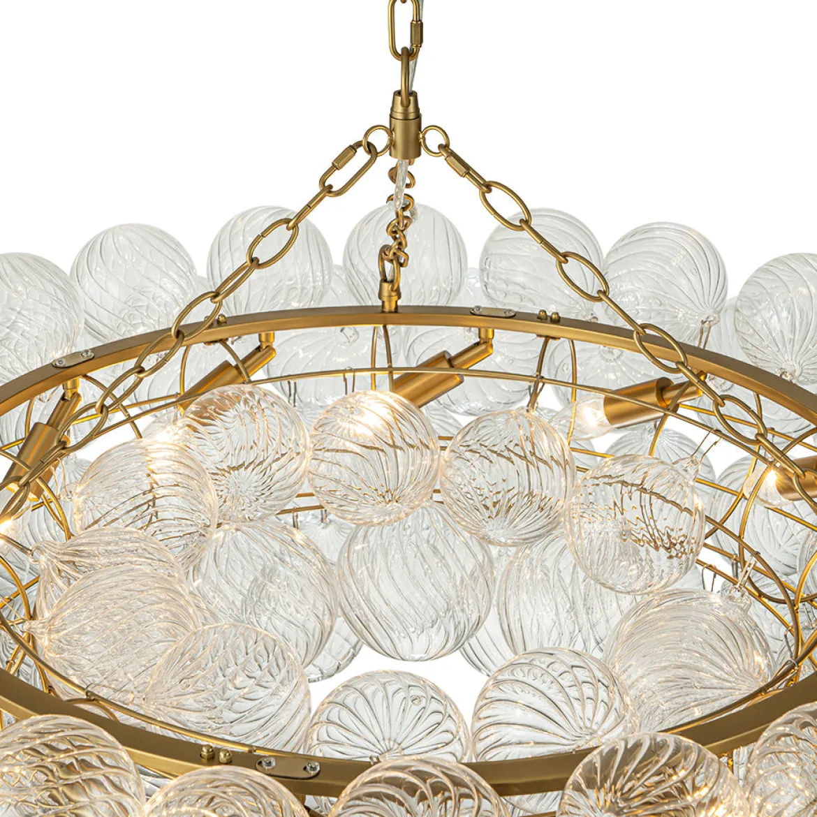 Brass Halo Ribbed Glass Globe Bubble Ring Chandelier
