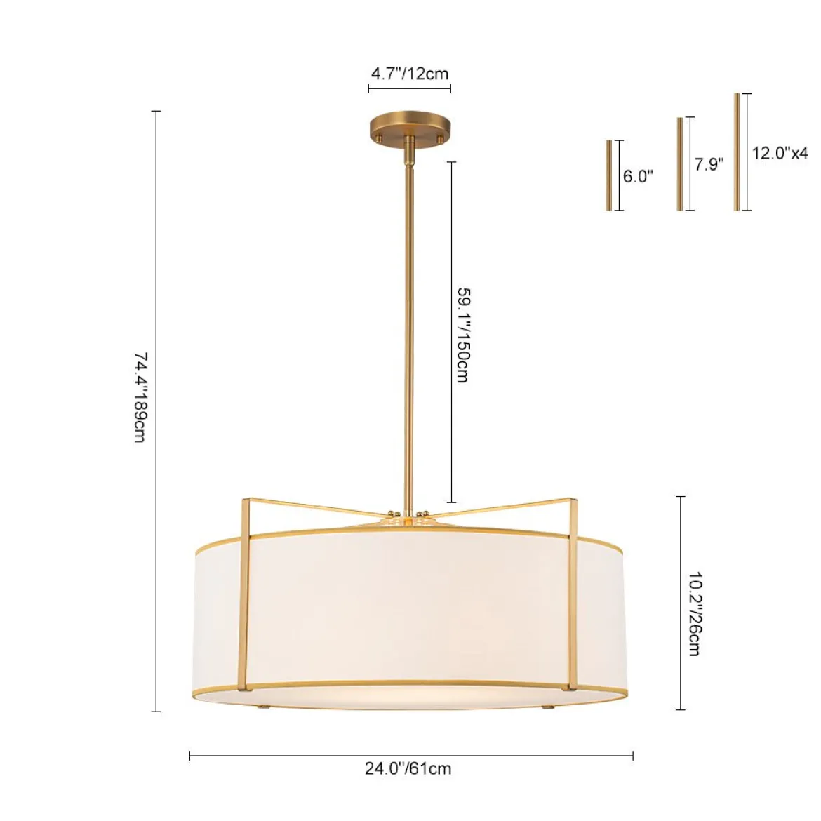 Brass Large White Fabric Drum Cage Chandelier