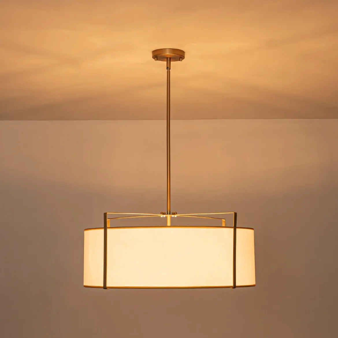 Brass Large White Fabric Drum Cage Chandelier