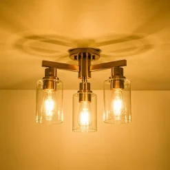Brass 3-Light Clear Glass Cylinder Semi Flush Mount