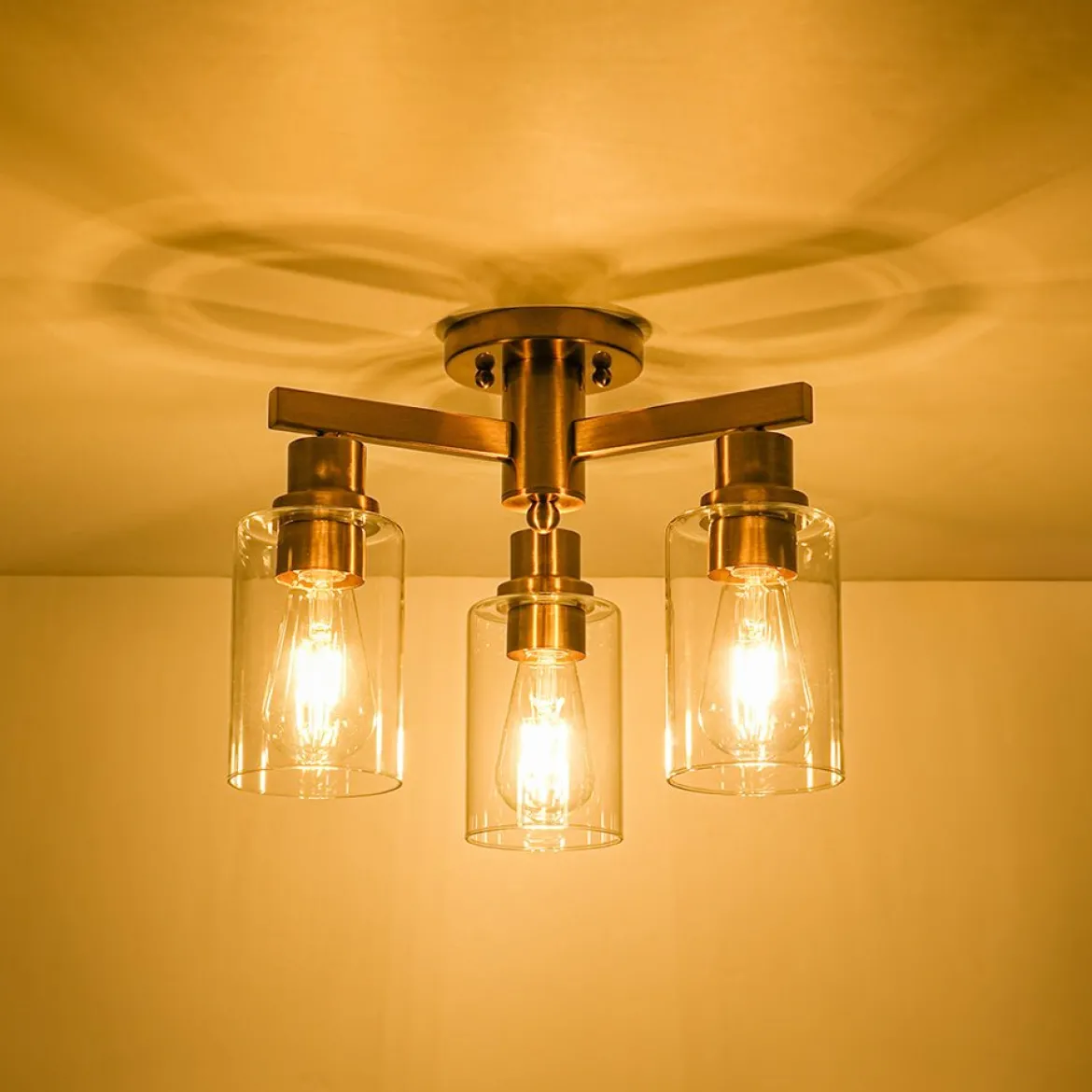 Brass 3-Light Clear Glass Cylinder Semi Flush Mount