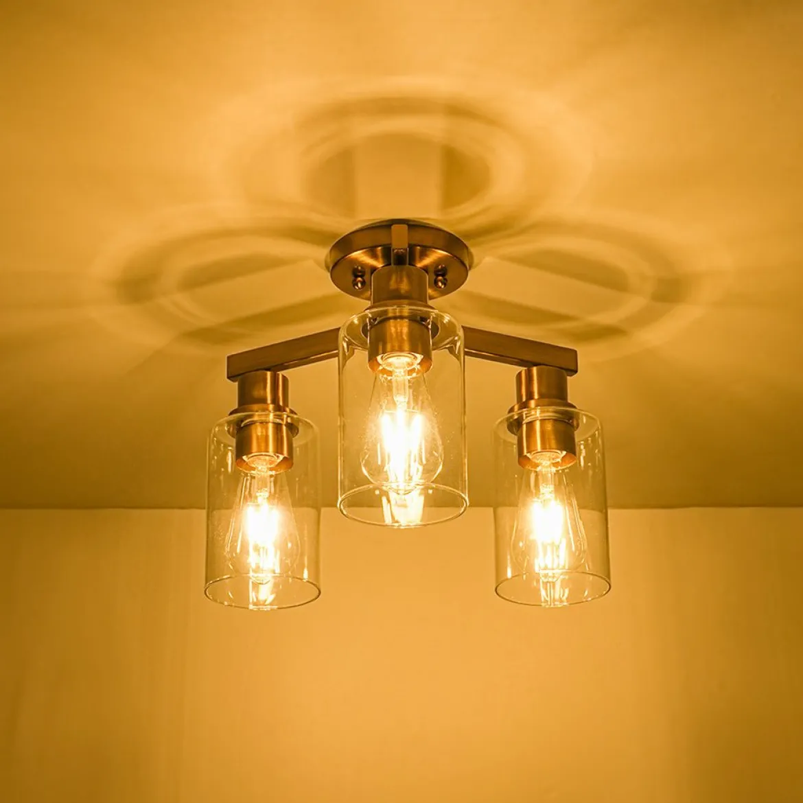 Brass 3-Light Clear Glass Cylinder Semi Flush Mount