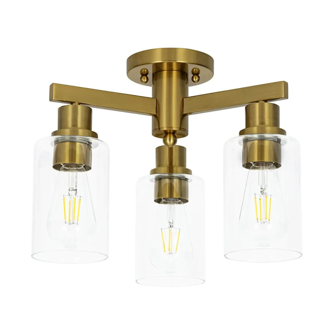 Brass 3-Light Clear Glass Cylinder Semi Flush Mount
