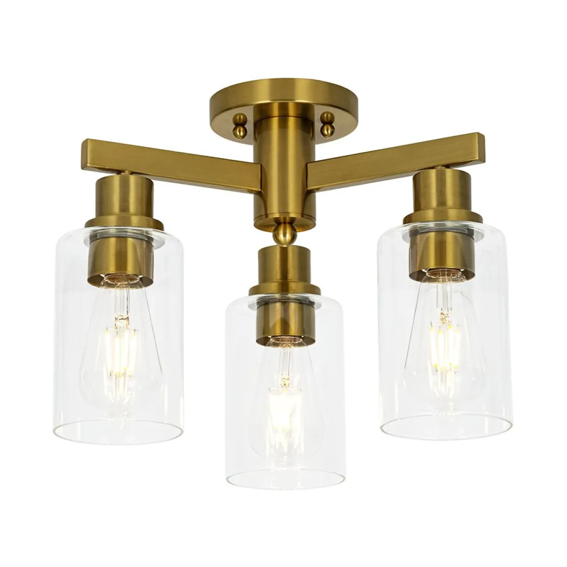 Brass 3-Light Clear Glass Cylinder Semi Flush Mount