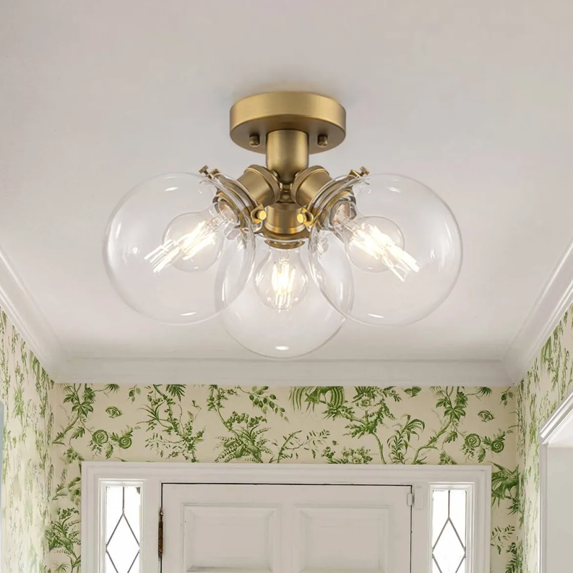 Brass 3-Light Clear Glass Glass Globe Ceiling Light