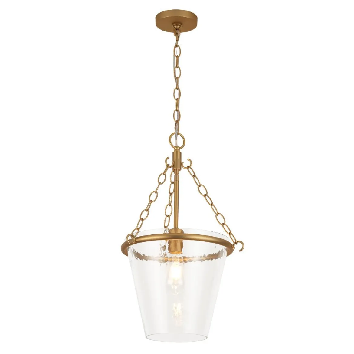 Brass 1-Light Clear Textured Glass Conical Cage Pendant