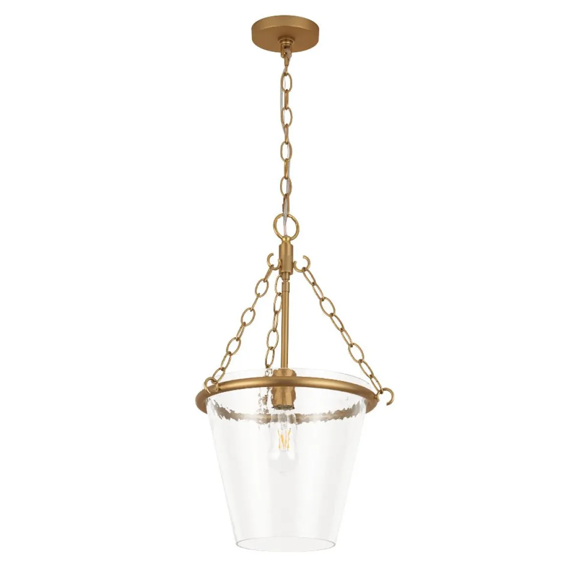 Brass 1-Light Clear Textured Glass Conical Cage Pendant