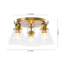 Brass 3-Light Glass Conical Shade Round Ceiling Light