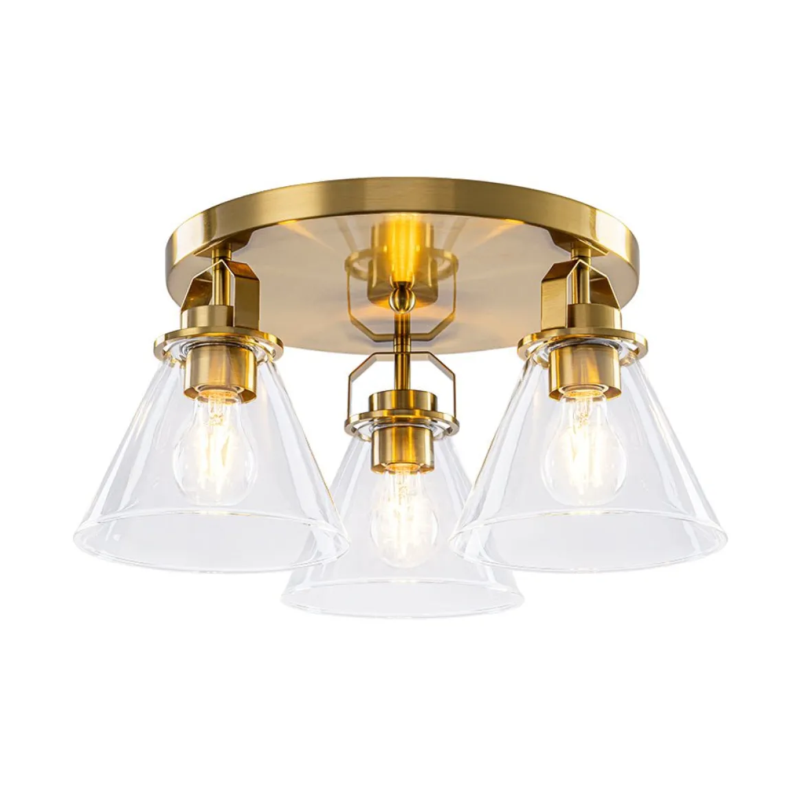 Brass 3-Light Glass Conical Shade Round Ceiling Light