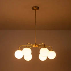 Brass 6-Light Milky White Globe Round Chandelier