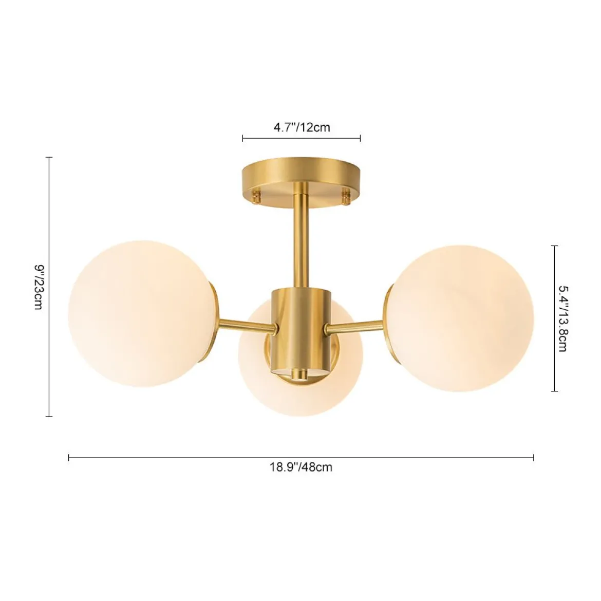 Brass 3-Light Opal Glass Globe Semi Flush Mount