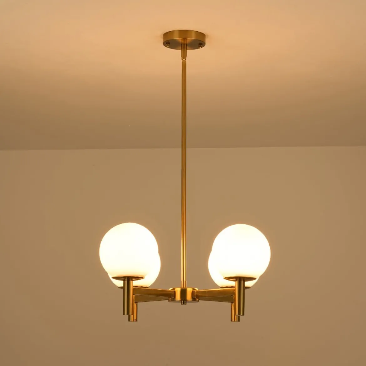 Brass 4-Light Opal Glass Globe Round Sputnik Chandelier