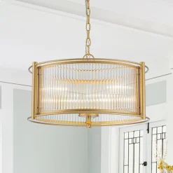 Brass 3-Light Ribbed Glass Drum Lantern Pendant Light