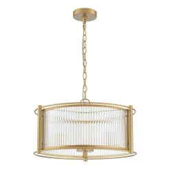 Brass 3-Light Ribbed Glass Drum Lantern Pendant Light