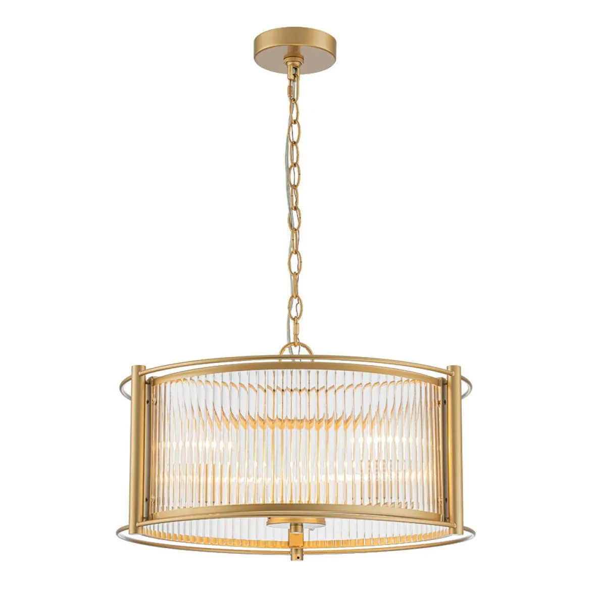 Brass 3-Light Ribbed Glass Drum Lantern Pendant Light