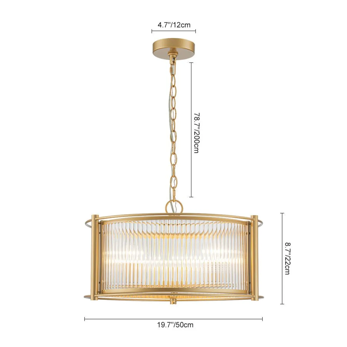 Brass 3-Light Ribbed Glass Drum Lantern Pendant Light