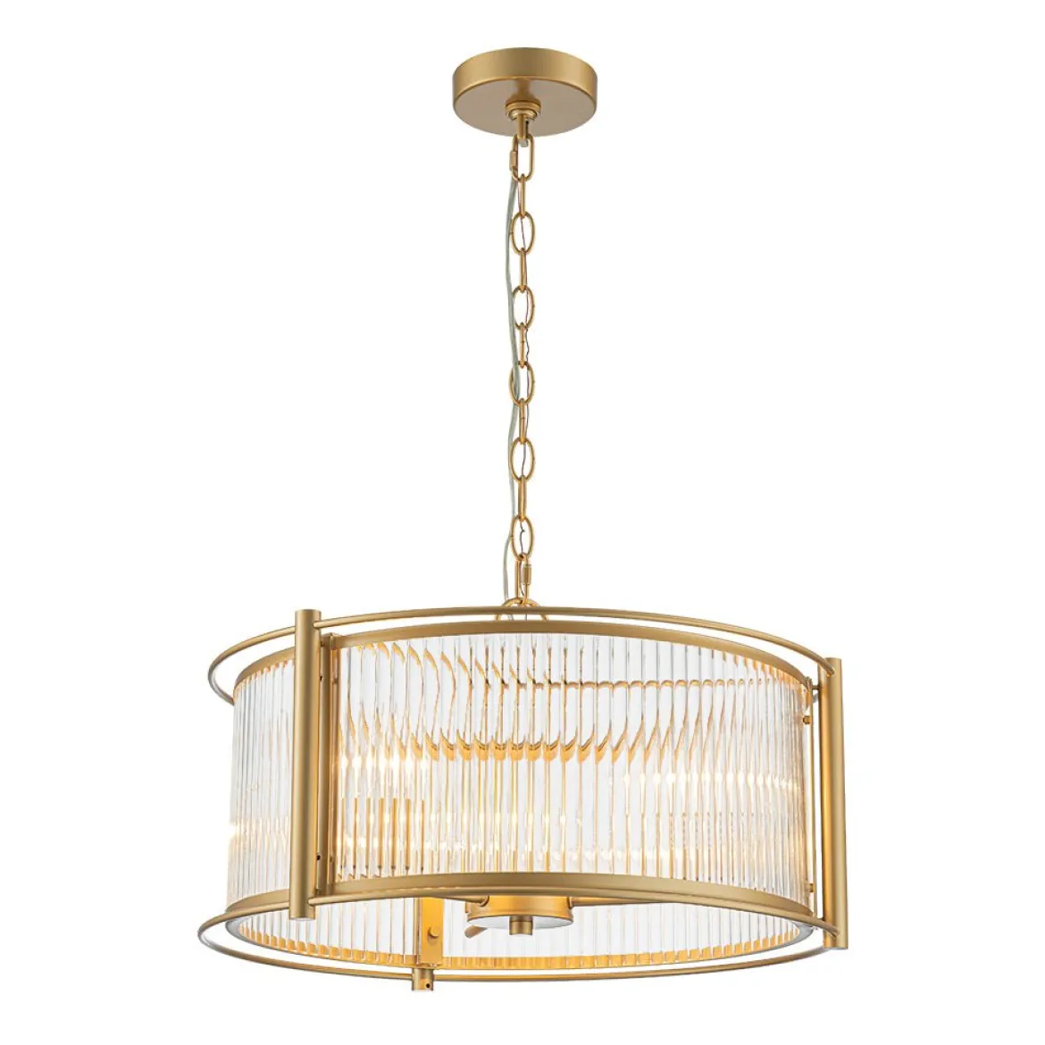Brass 3-Light Ribbed Glass Drum Lantern Pendant Light