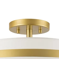 Brass 3-Light White Fabric Drum Cage Semi Flush Mount