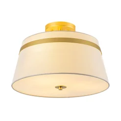Brass 3-Light White Fabric Drum Cage Semi Flush Mount
