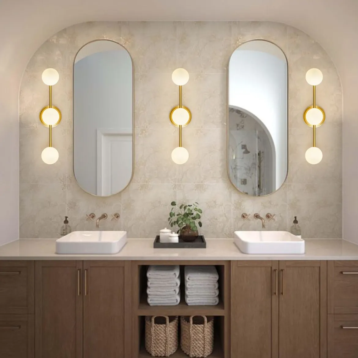 Brass Linear Opal Glass Globe Semi Flush Mount Vanity Light