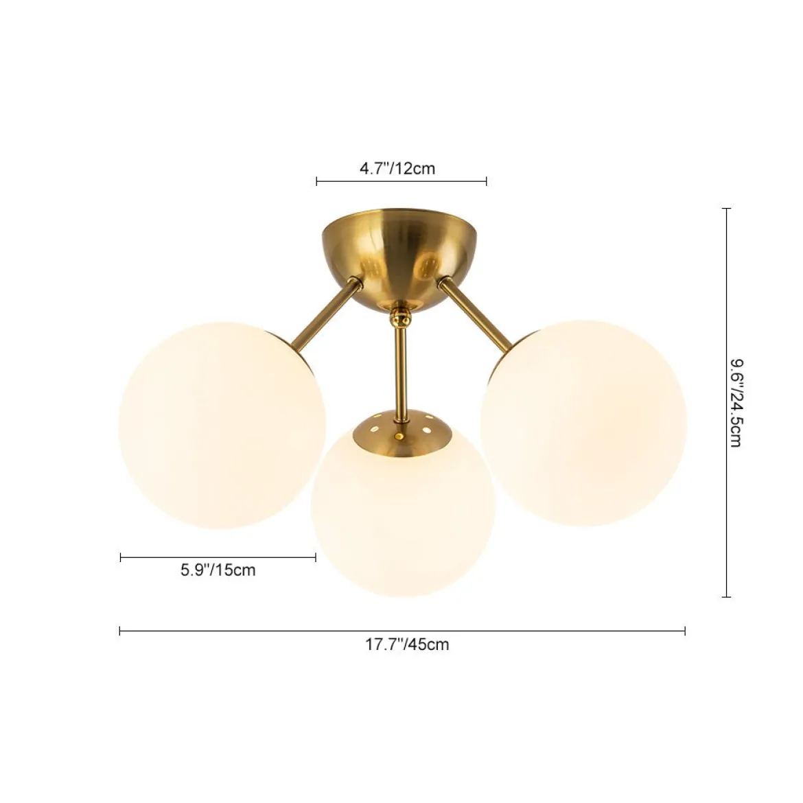 Brass Mid-Century 3-Light Glass Globe Semi Flush Mount