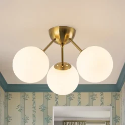 Brass Mid-Century 3-Light Glass Globe Semi Flush Mount