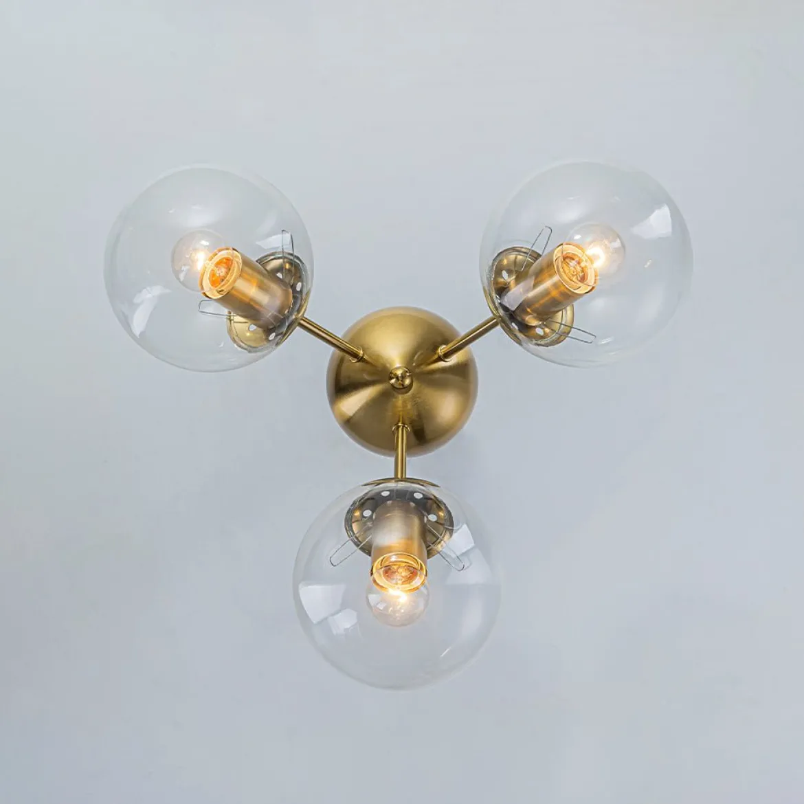 Brass Mid-Century 3-Light Glass Globe Semi Flush Mount